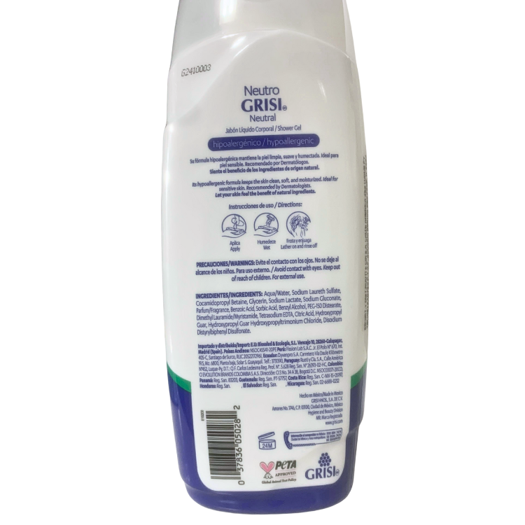 dorso del Jabón líquido corporal Neutro Grisi 450ml con su informacion general