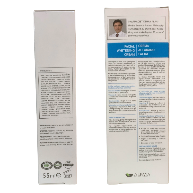 informacion de la caja de Crema blanqueadora facial de Bio Balance