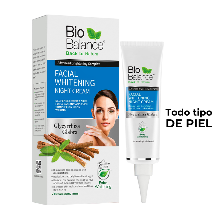 Crema blanqueadora facial de Bio Balance, reduce manchas oscuras del rostro, unifica el tono de piel