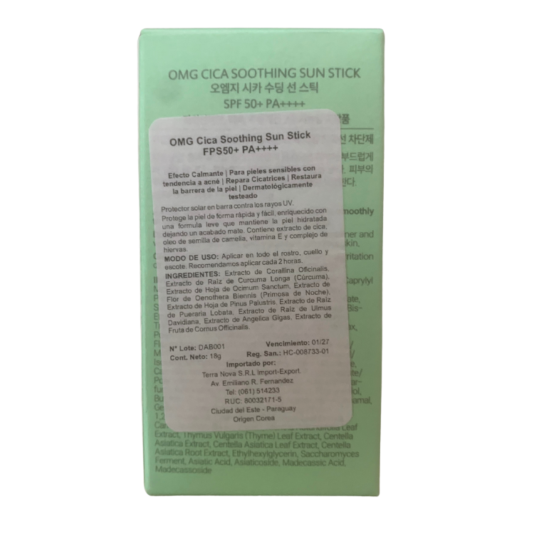 informacion de la caja Protector Solar en barra OMG Cica SPF50+