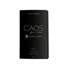 Caja cerrada del primer perfume "Eau de Parfum" masculino paraguayo CAOS For Men PL PERFUMES LUJOSOS