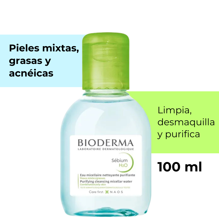 Sébium H20 agua micelar 100ml, para pieles mixtas, grasas y acneicas, limpia, desmaquilla y purifica