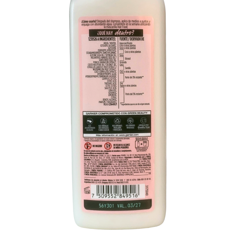 informacion en el dorso del Acondicionador Fructis Hair Food SANDÍA