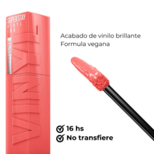 Labial Superstay Vinyl INK Nude N100 Charmed maybelline, acabado de vinilo brillante