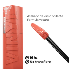 Labial Superstay Vinyl INK Golden 105 maybelline, acabado de vinilo brillante