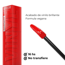 Labial Superstay Vinyl INK Red Hot 25 maybelline, acabado de vinilo brillante