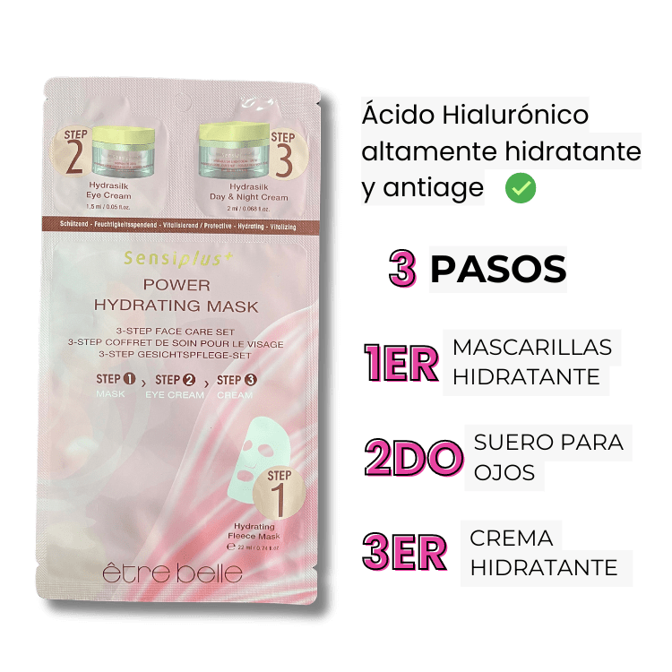 Mascarilla 3 pasos Sensiplus+ power hydrating mask para pieles sensibles con mascarilla hidratante, crema de ojos y crema hidratante de la marca etre belle