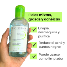 Sébium H2O agua micelar 250ml, limpia, desmaquilla y purifica, reduce acne y puntos negros