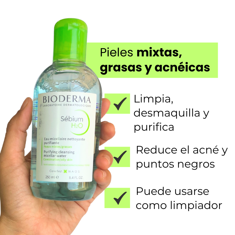 Sébium H2O agua micelar 250ml, limpia, desmaquilla y purifica, reduce acne y puntos negros