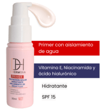 Pre base de rostro de la marca D'hermosa aisla el maquillaje de luz y agua con proteccion solar SPF 15