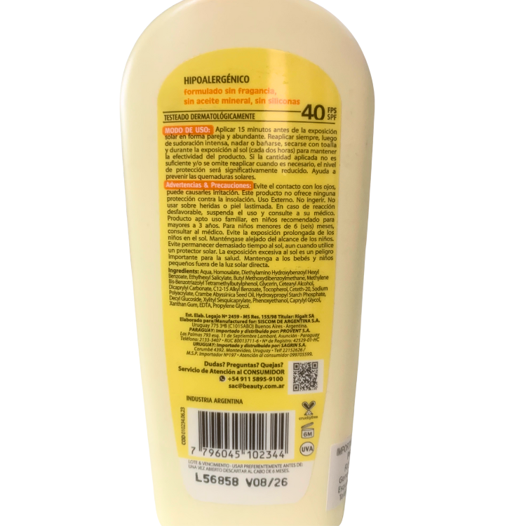 informacion del envase Protector Solar Corporal FPS40 Rayito de Sol