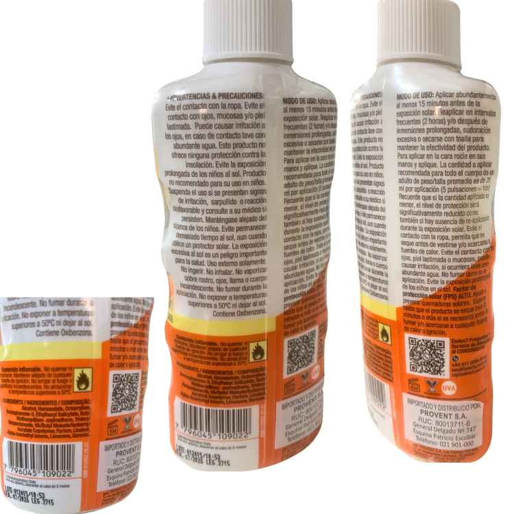 informacion del envase Protector Solar en Spray FPS30 Rayito de Sol