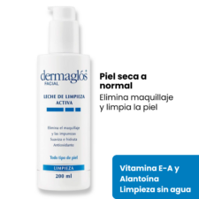 Leche de limpieza facial Dermaglós para piel seca a normal, elimina el maquillaje y limpia la piel