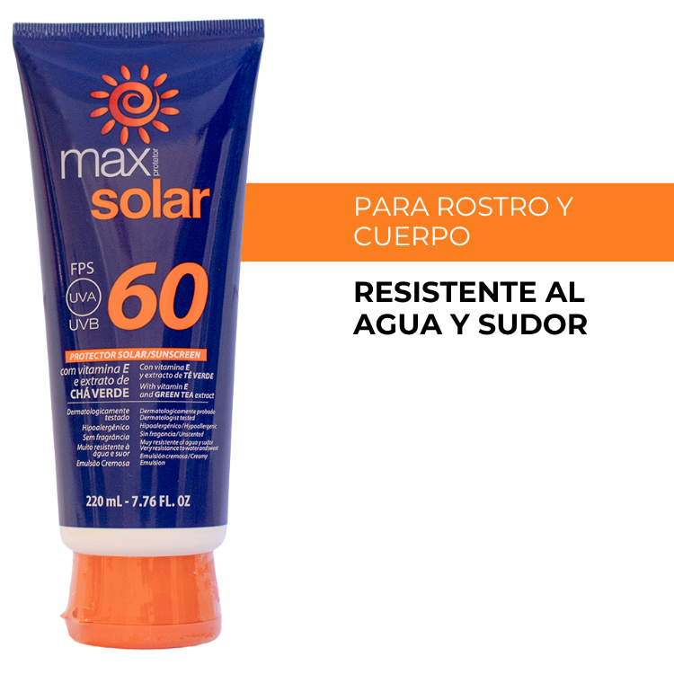 Protector Solar Max Solar FPS60 220ml para rostro y cuerpo, resistente al agua y al sudor