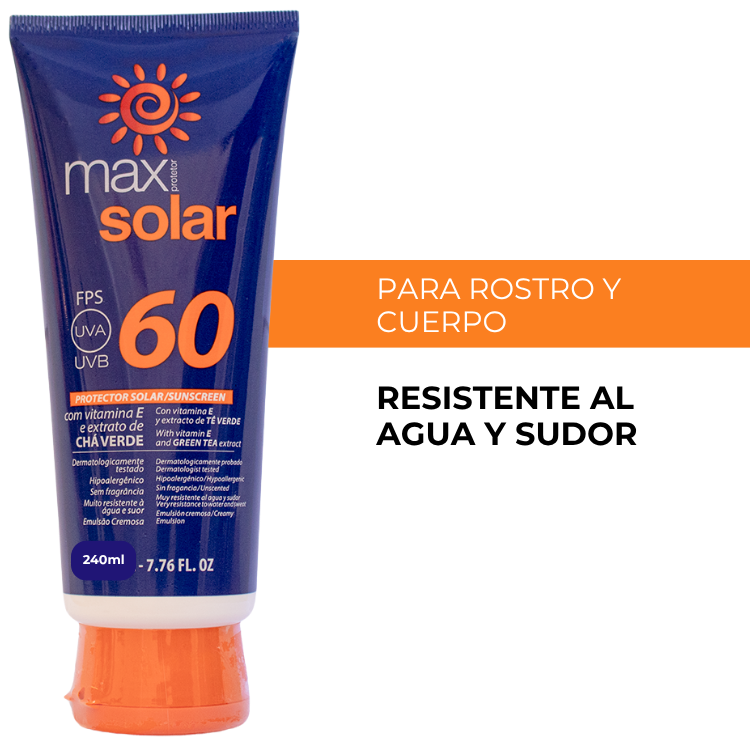 Protector Solar Max Solar FPS60 240ml para rostro y sudor, resistente al agua y al sudor