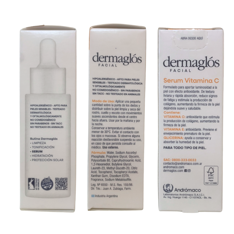 informacion de la caja Suero Vitamina C 10% Dermaglós