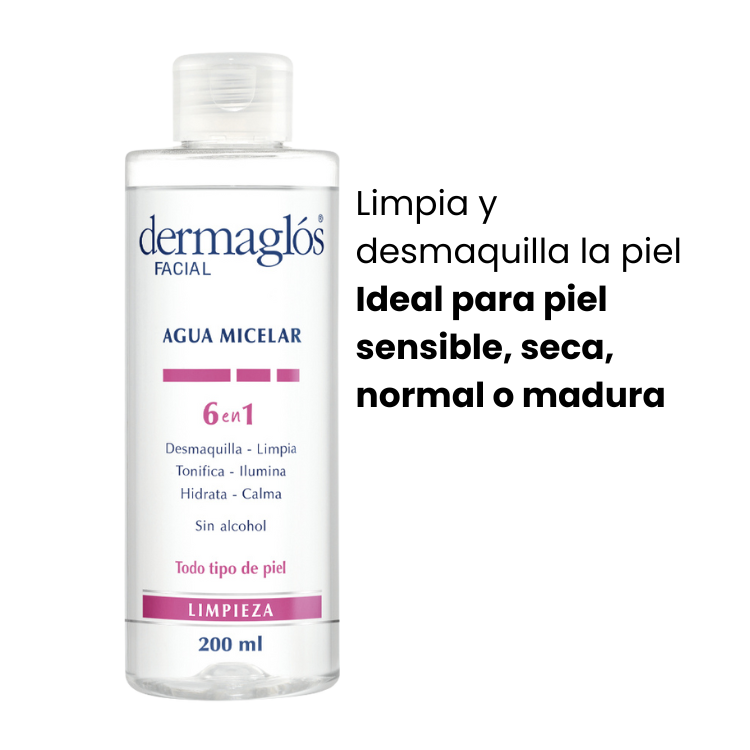 Agua Micelar 6 en 1 Dermaglós, limpia y desmaquilla la piel sensible y seca