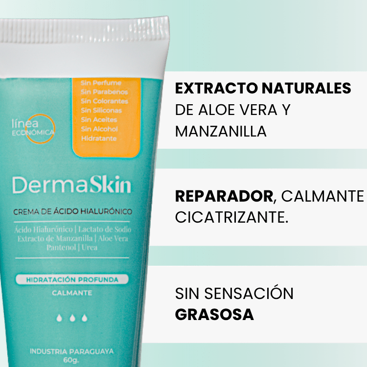 Crema Hidratante de Ácido Hialurónico DermaSkin, aloe vera, calmante y hidratacion profunda