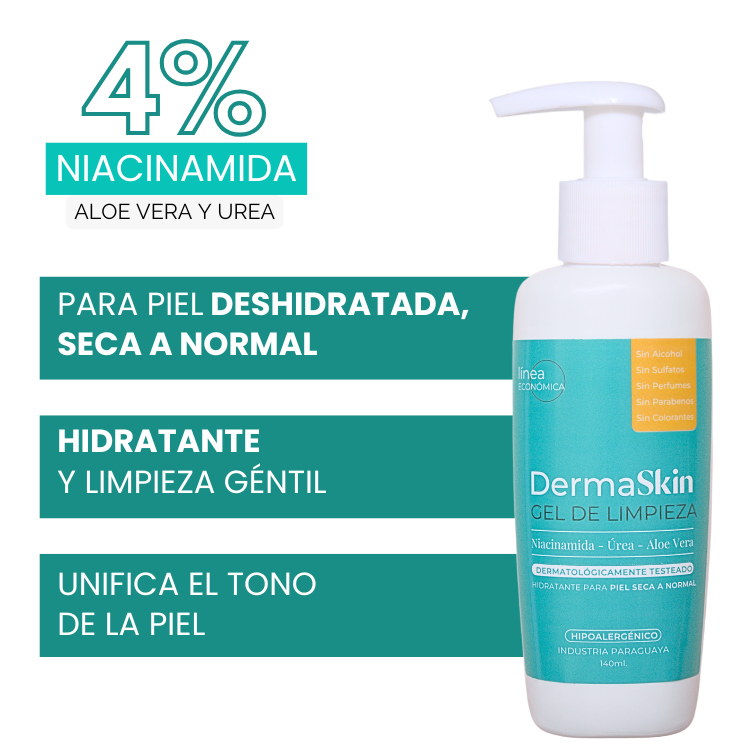 Gel de limpieza DermaSkin hidratante y gentil para pieles secas, normales o deshidratadas con 4% de Niacinamida