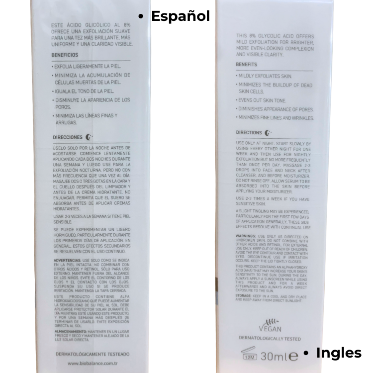 Suero 8% de Ácido Glicólico Bio Balance, exfoliante, deja la piel mas luminosa y uniforme