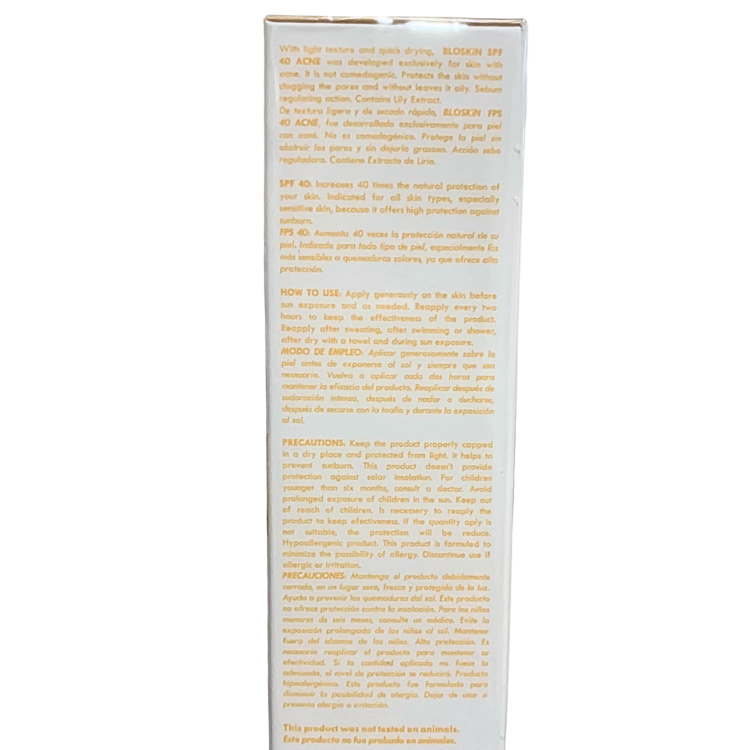 informacion de la caja Protector Solar Para piel Acneica Blocskin FPS 40 80g