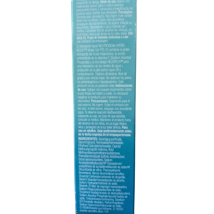 informacion de la caja del gel hidratante facial boost de neutrogena