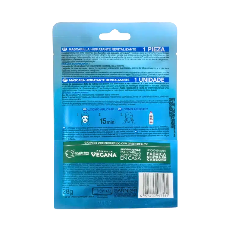dorso de la Mascarilla Hidratante Revitalizante Garnier