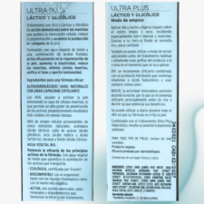 informacion de la caja de Serum de Ácido Láctico y Glicólico Ultra Plus Camaleon