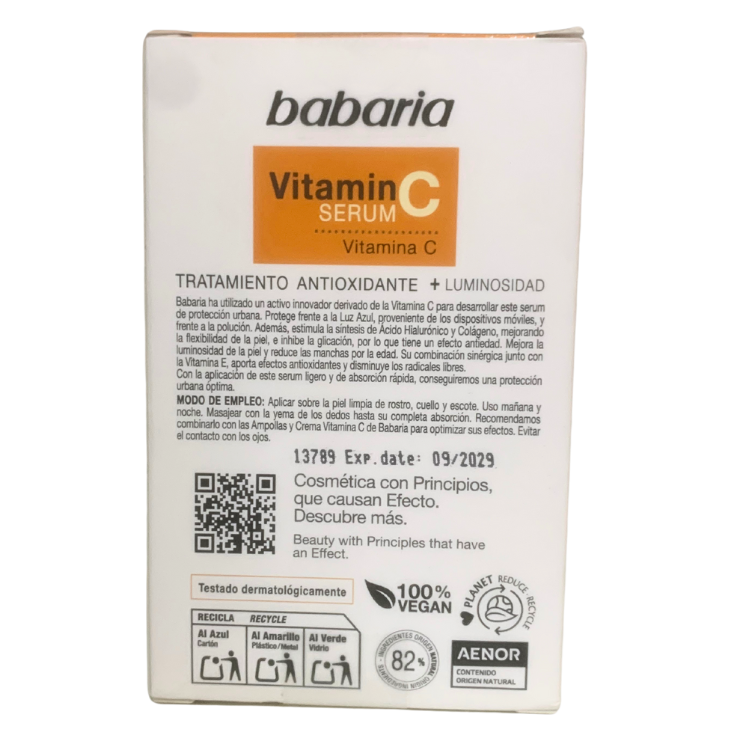 informacion de la caja del Suero de Vitamina C de Babaria